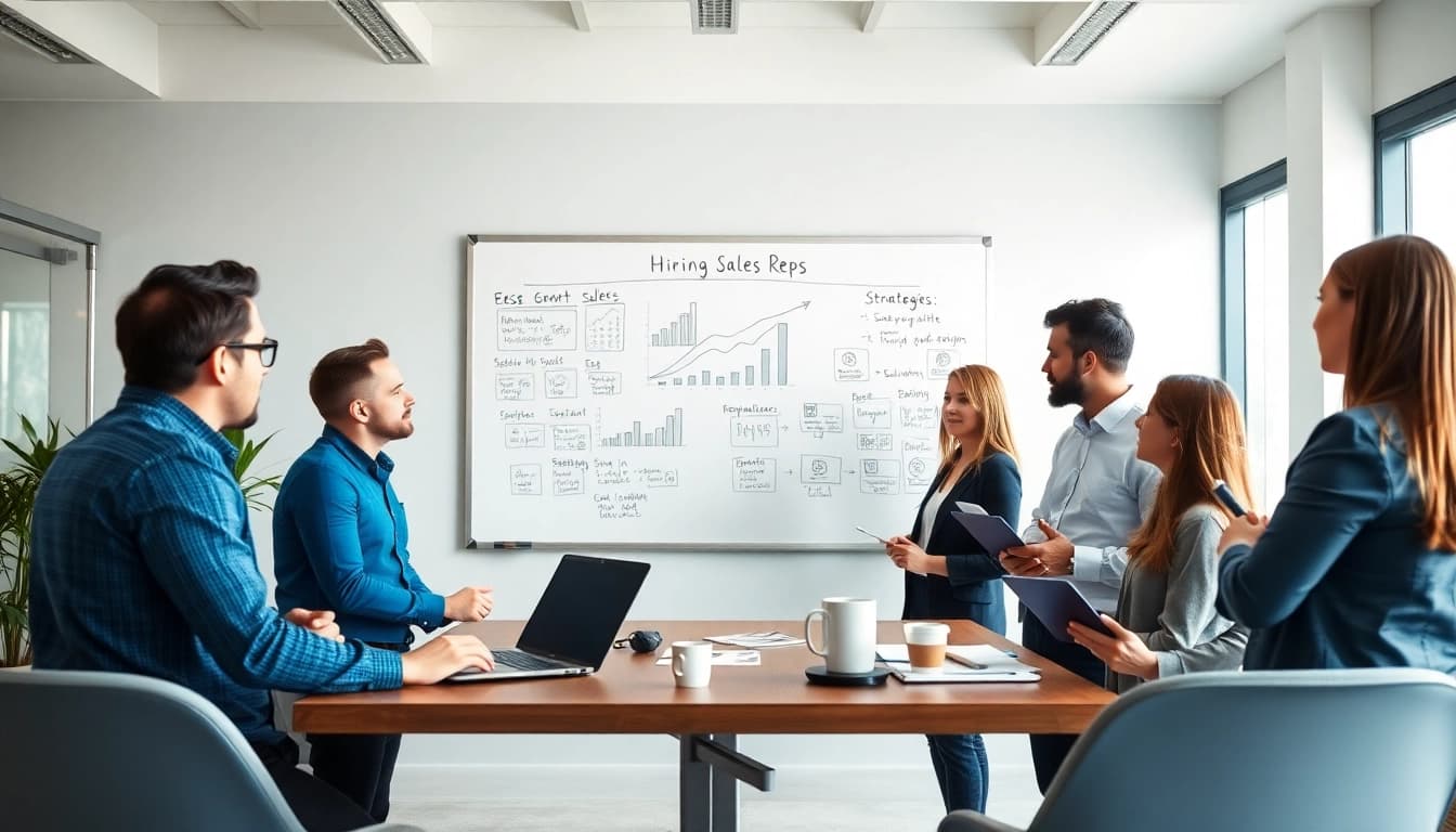 Team brainstorming to hire sales reps effectively in a modern office.