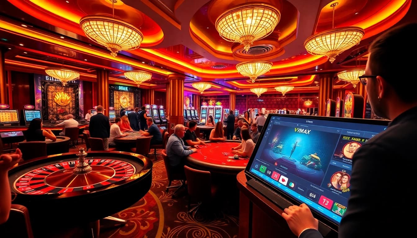 Players immersed in game vmax at a luxurious casino, showcasing excitement and elegance.