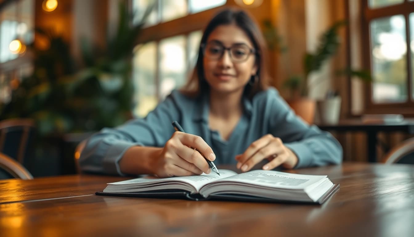 Person reflecting on Life in a Break Down in a cozy cafe with a notebook.