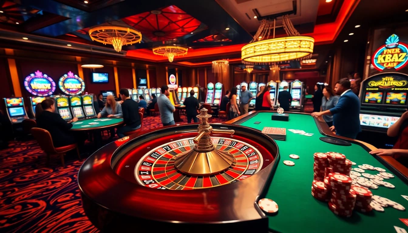 Experience the excitement of the NK 88 casino floor with a vibrant roulette wheel and engaged players.