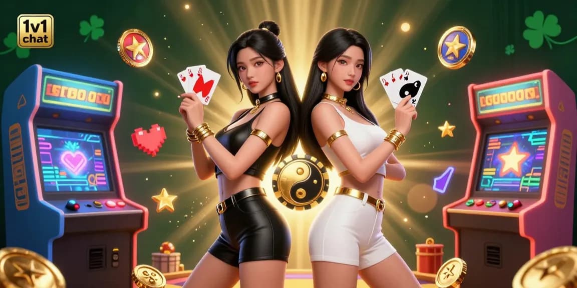 Engage in dynamic 1v1 chat with twin Asian women in a vibrant casino atmosphere showcasing cards, gold, and gaming elements.