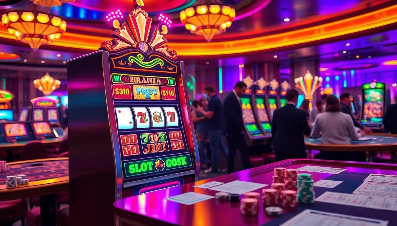 Menikmati permainan slot pulsa di kasino kelas atas dengan mesin yang cerah dan para pemain yang antusias.