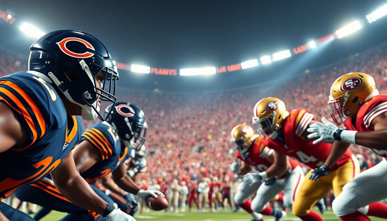 Action-packed football clash between Bears and 49ers showcasing intense competition.