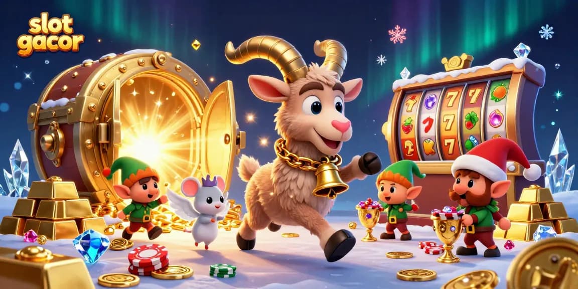 Experience slot gacor excitement with a festive Krampus goat and mischievous gremlins in a vibrant casino.