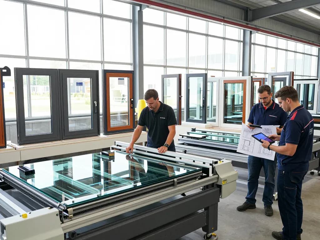Innovative Fensterbau-Herstellungsszene mit qualifizierten Handwerkern und moderner Maschinen.