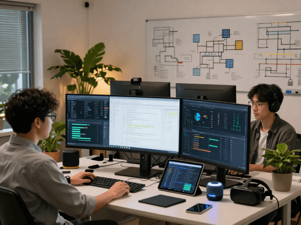 Advanced tech workspace showcasing an ai image detector in action with data visualizations and AI algorithms.