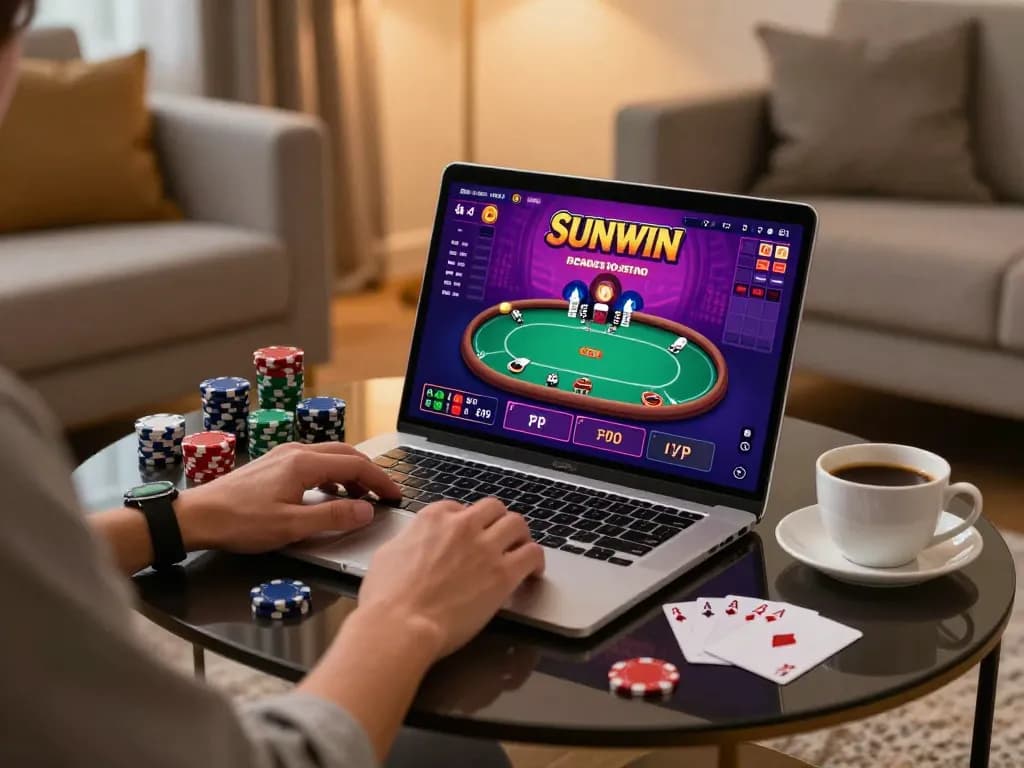 SUNWIN poker gameplay on a laptop in a cozy home setting, showcasing strategic online gaming.