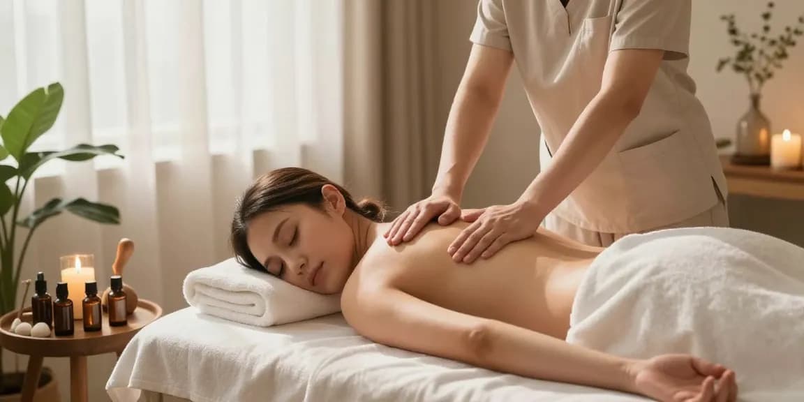 스웨디시 마사지 중인 여성과 아로마 오일이 있는 마사지실