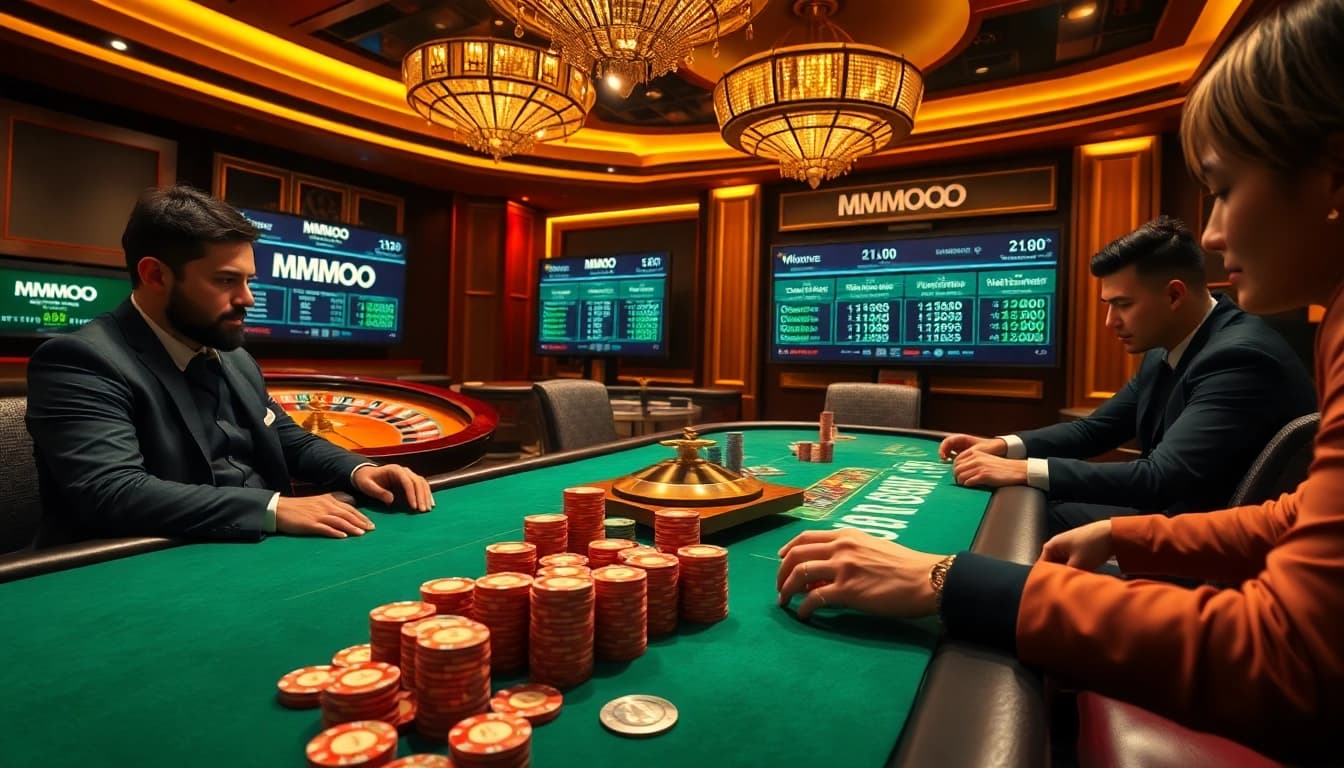 Experience high-stakes poker at MMOO's lavish casino, featuring vibrant cards and polished chips.