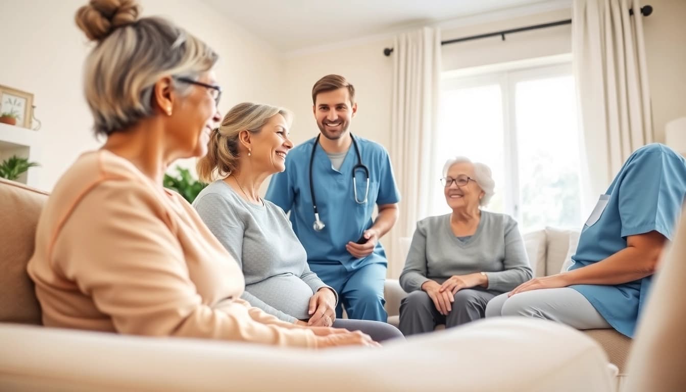 Engaging scene of in home health care near me with professional caregivers and smiling elderly clients.