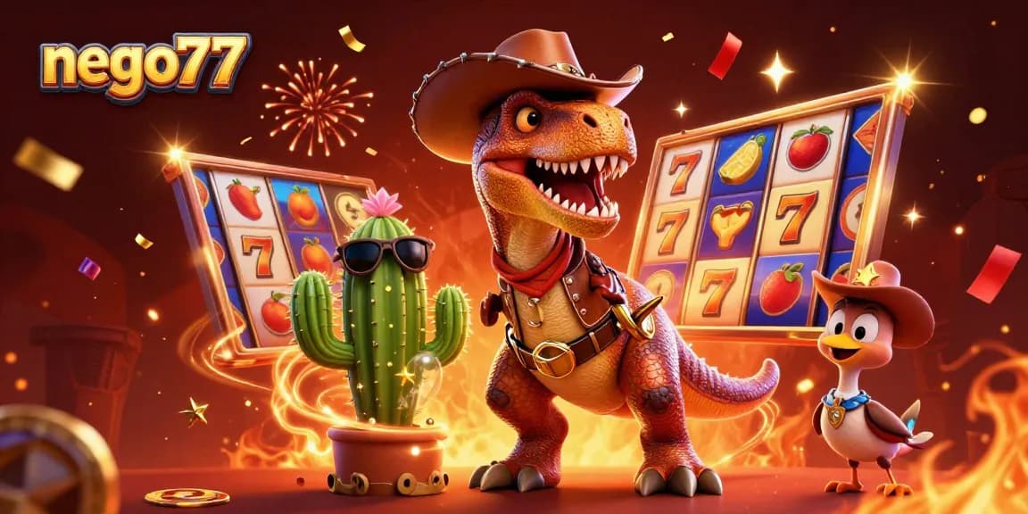 Nego77 offers thrilling gaming experiences with vibrant slot reels and dynamic characters in a festive scene.