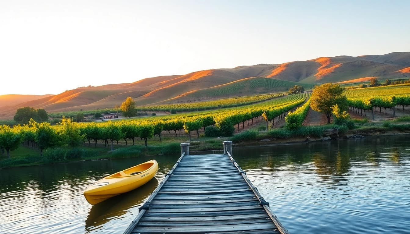 Scenic view of Clarksburg CA showcasing vineyards and the Sacramento River at sunset.