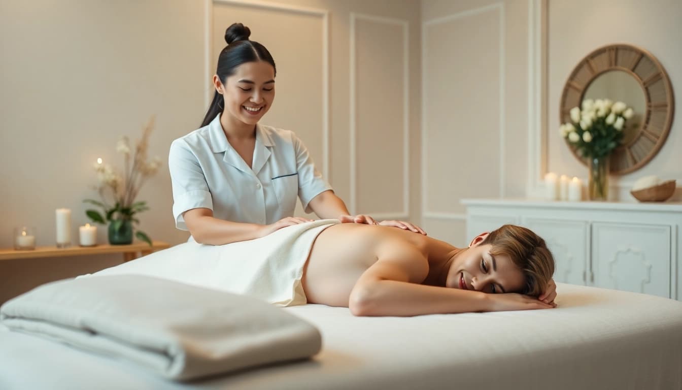 출장안마 service in a serene setting with a professional therapist and calming atmosphere.