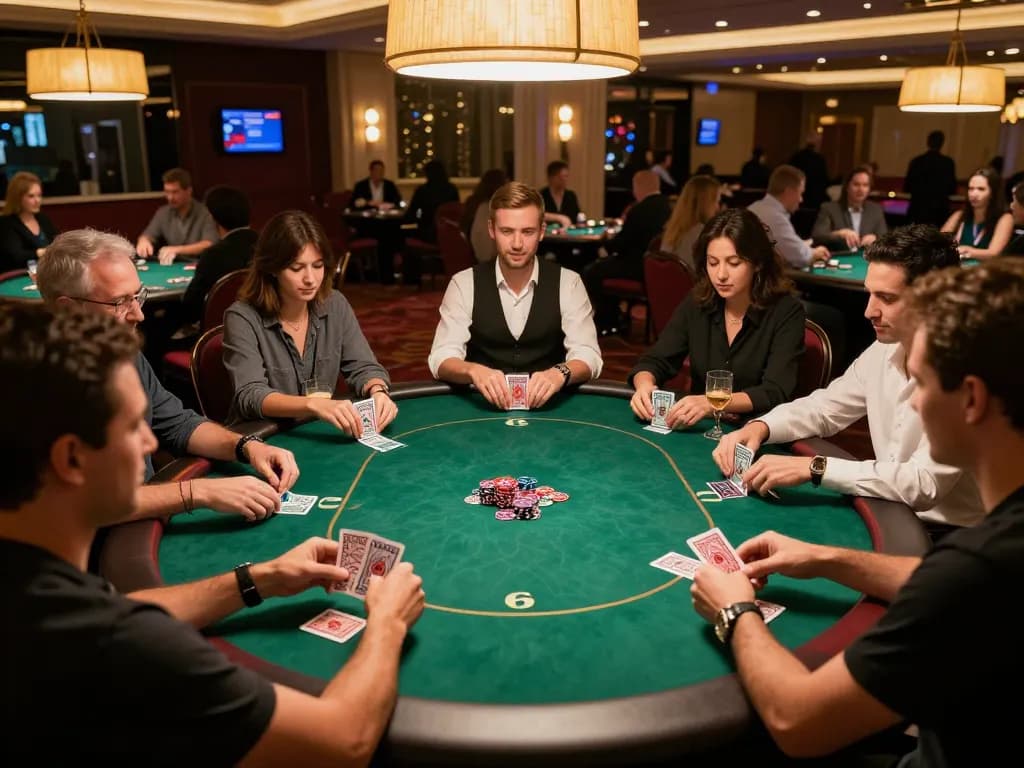 Players engage in a thrilling poker game at a w 88 casino table, showcasing strategy and social interaction in a luxury setting.