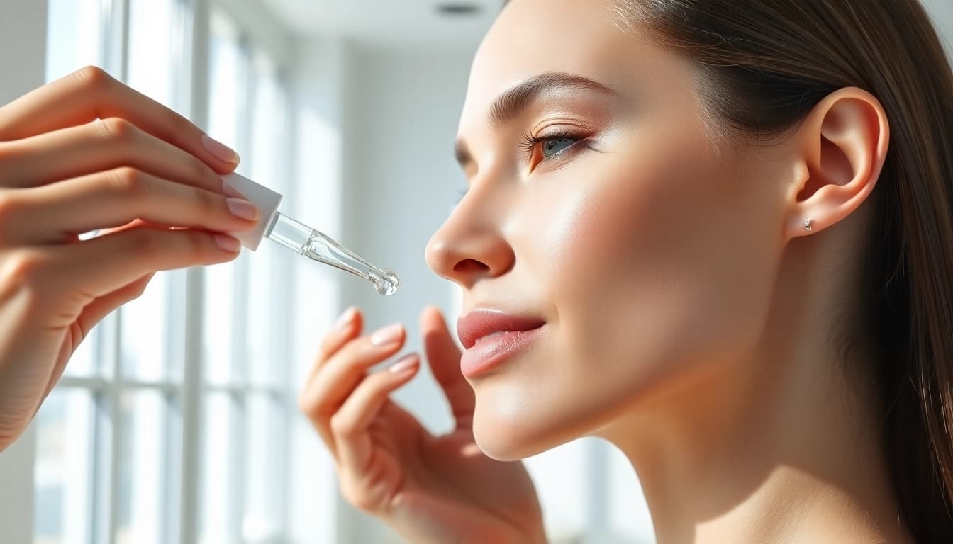 Applying growth factor serum for youthful skin in a bright studio