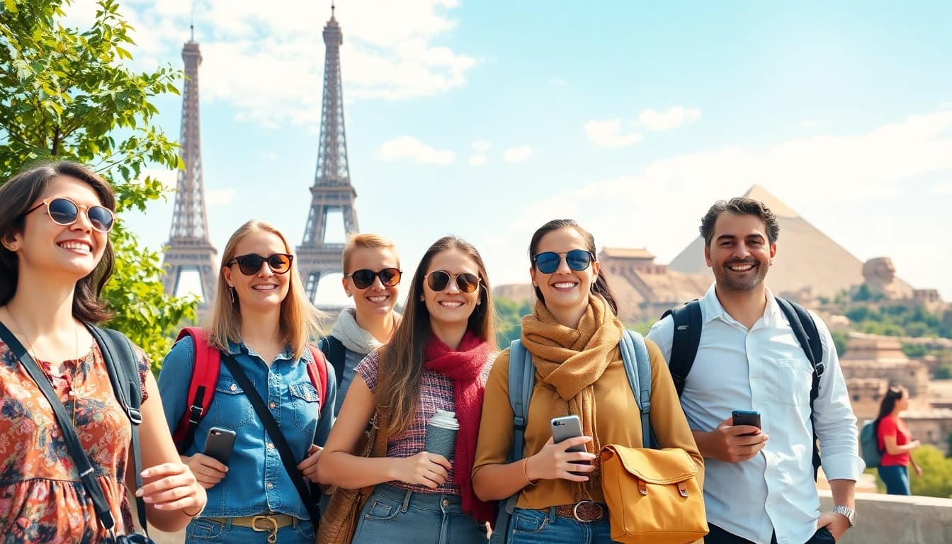Experience round the world holidays with diverse travelers at iconic landmarks worldwide.