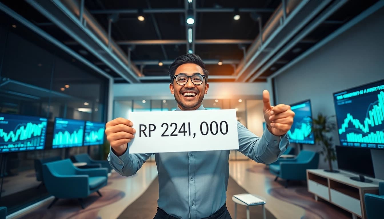 Celebrating financial success with BOX138, a businessperson in a modern office