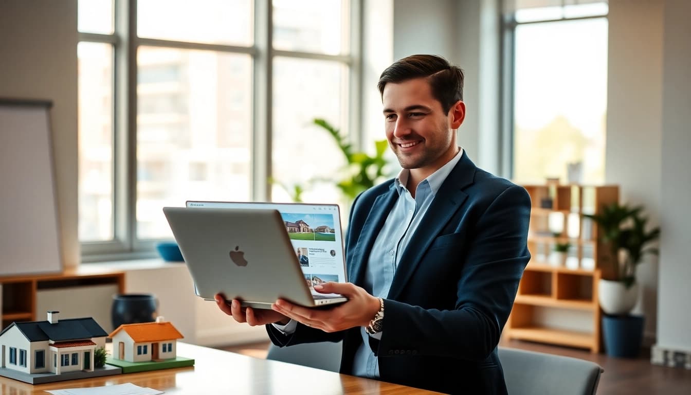 Showcase dynamic real estate environment with professional agent using technology.