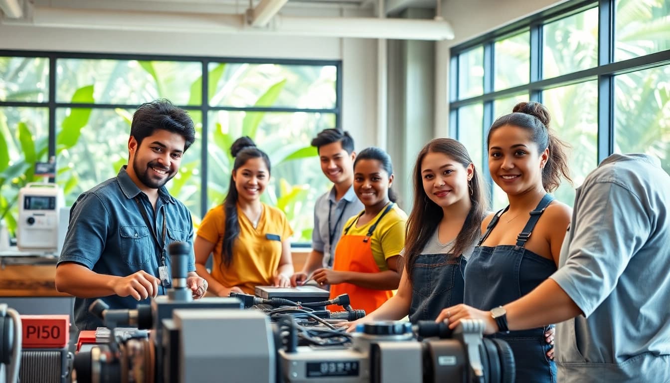 Learn about trade school Hawaii with students engaged in hands-on vocational training in a vibrant setting.