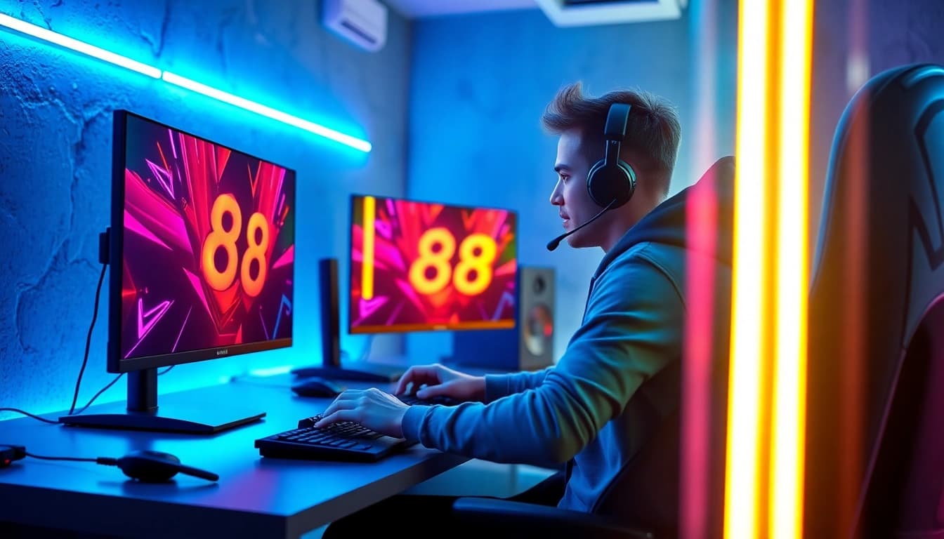 Engaging esports player in front of a high-tech TV88 setup with vibrant lighting.