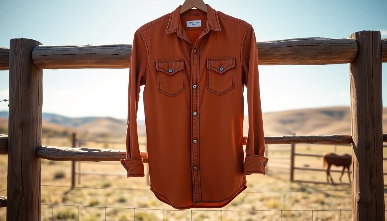 Showcase cowboy shirt Canada on a wooden fence highlighting its color and craftsmanship.