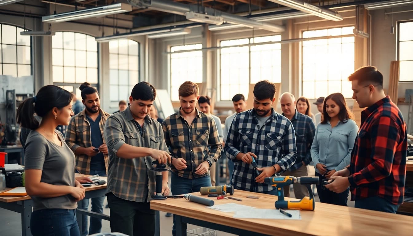 Engaged students in construction classes learning tools and techniques in a workshop.