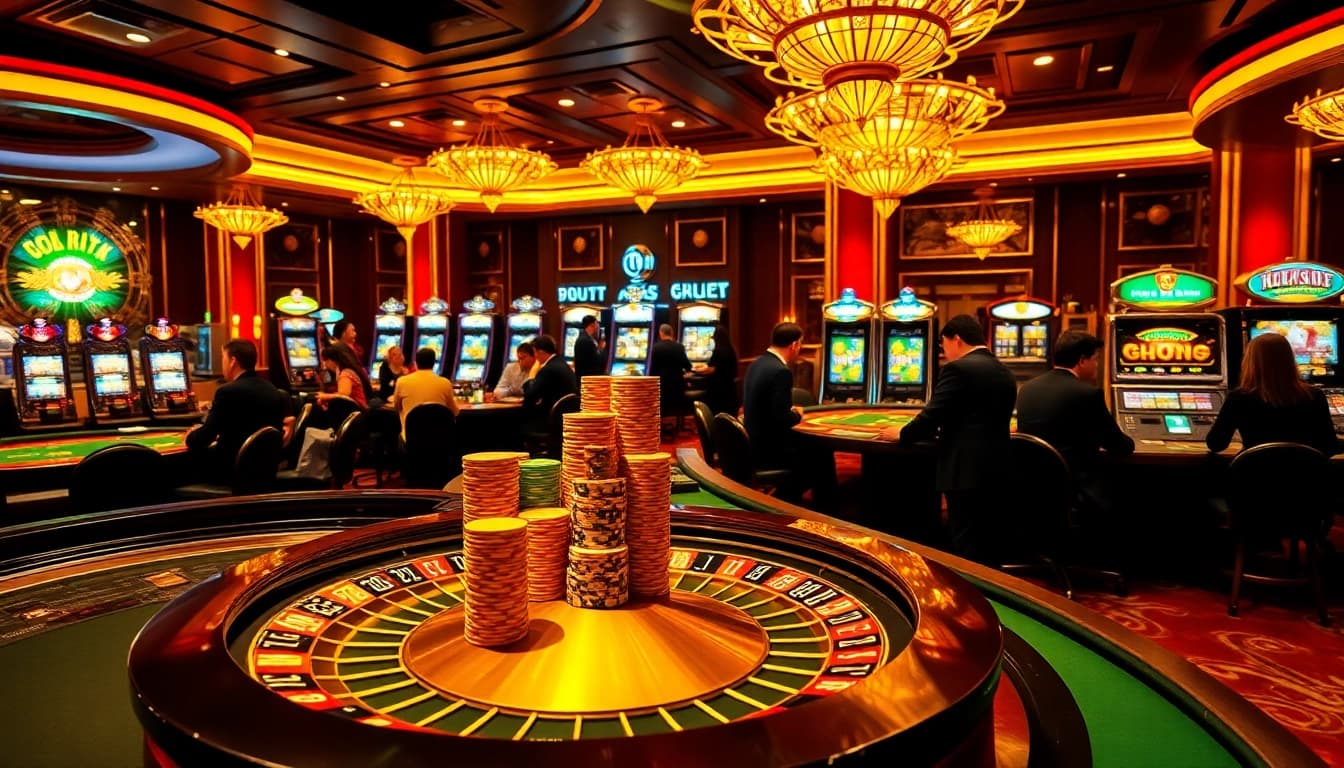 Players celebrating wins at vibrant casino tables on god345.co, showcasing poker chips and a roulette wheel.