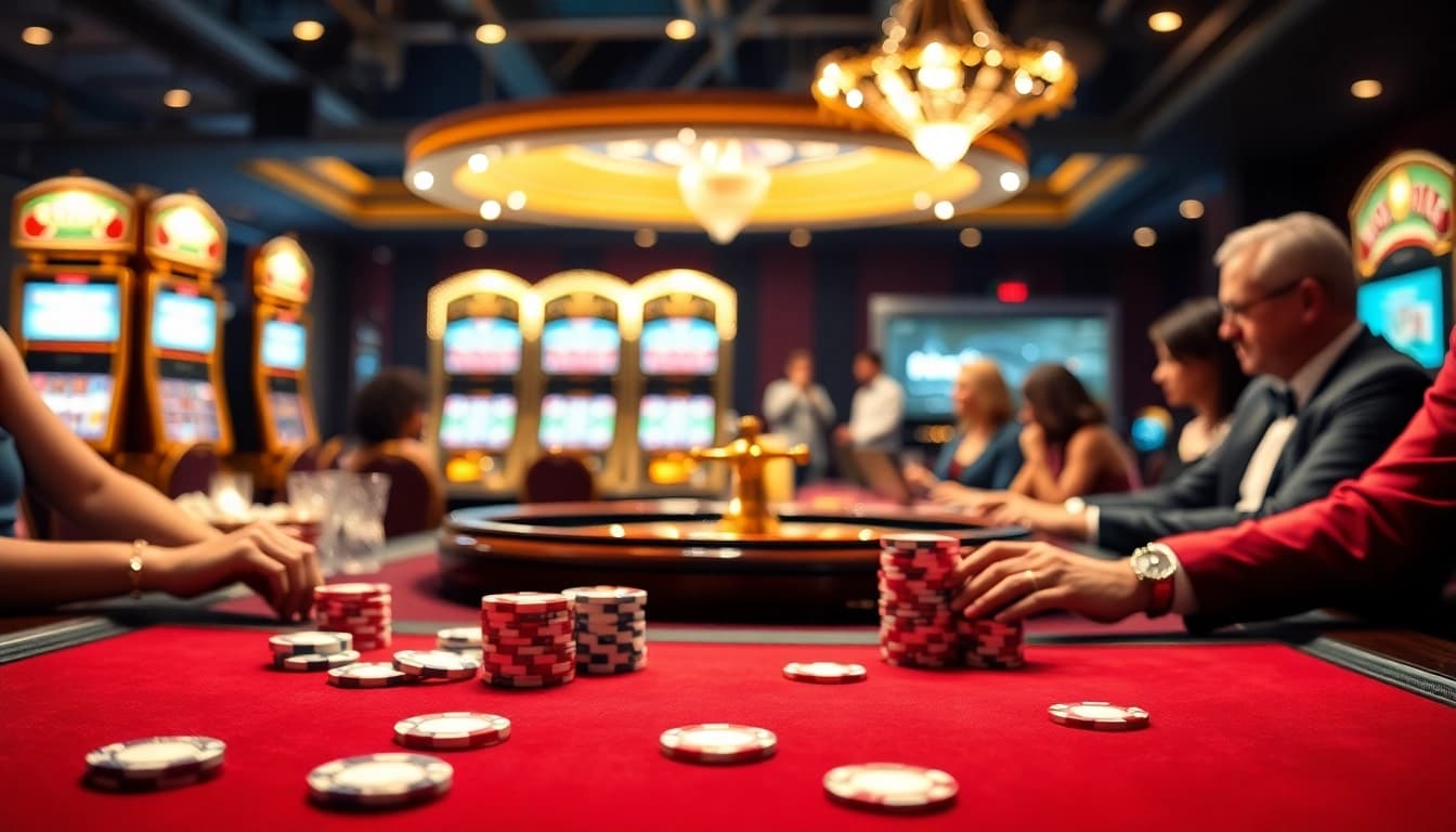 Iwin casino table filled with vibrant poker chips and excited players engaged in a thrilling game.