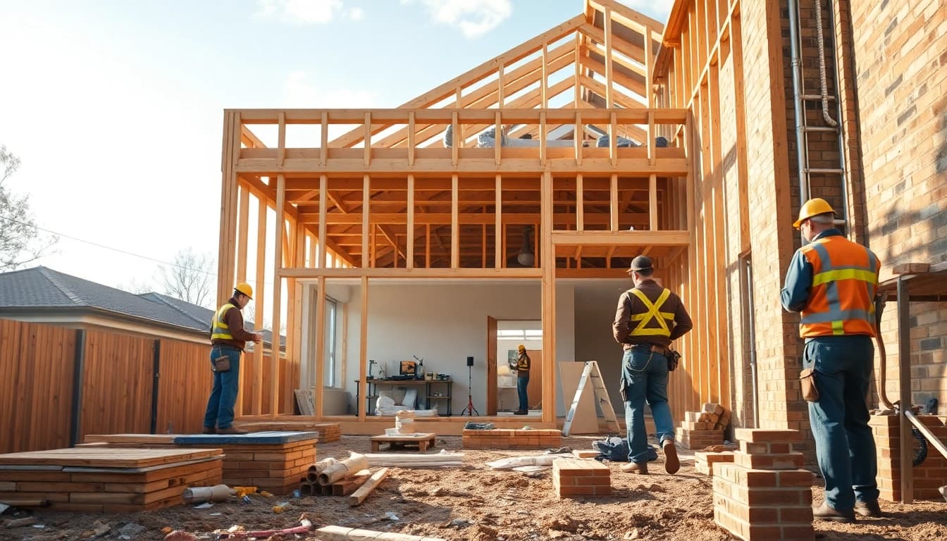 House extension construction site in Melbourne with builders, tools, and materials showcasing active work.