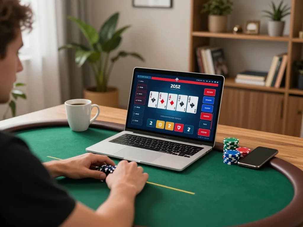 Engaging in an online poker game at home with a laptop, showcasing the thabet experience in a cozy setting