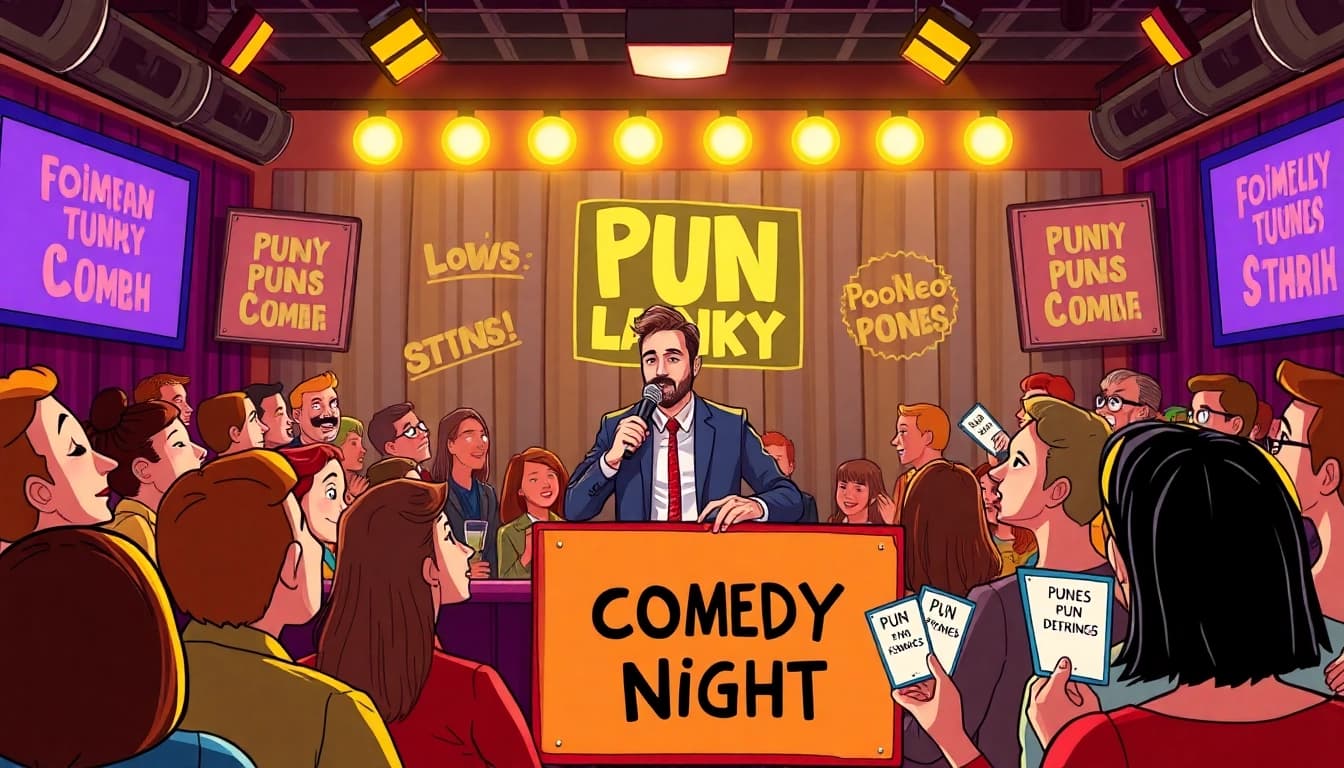 Comedian delivering puns at a comedy night, engaging audience with pun names.