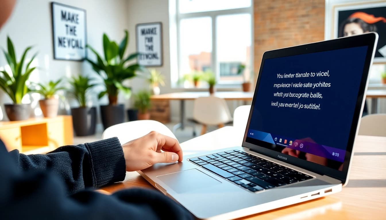 Enhance your video translation with a professional setup, showing subtitles on a laptop screen.