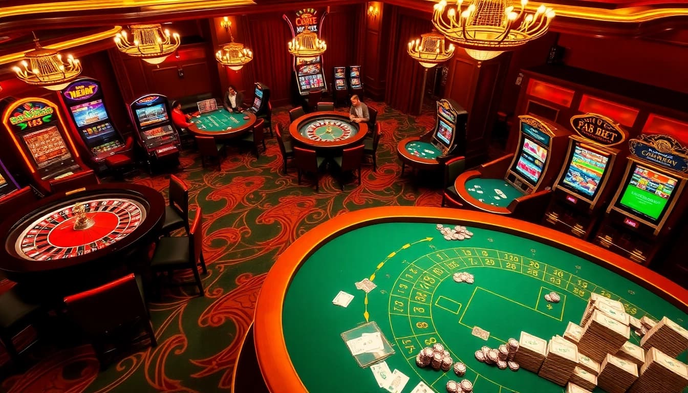 F8BET casino scene illustrating the excitement of online gambling with roulette and poker games.