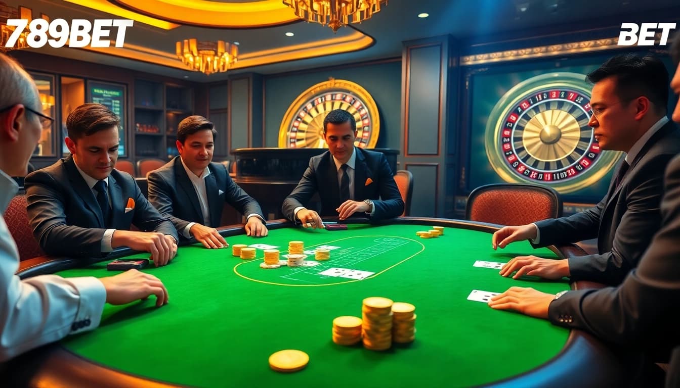 Players strategizing at a glamorous poker table with 789BET chips and cards.