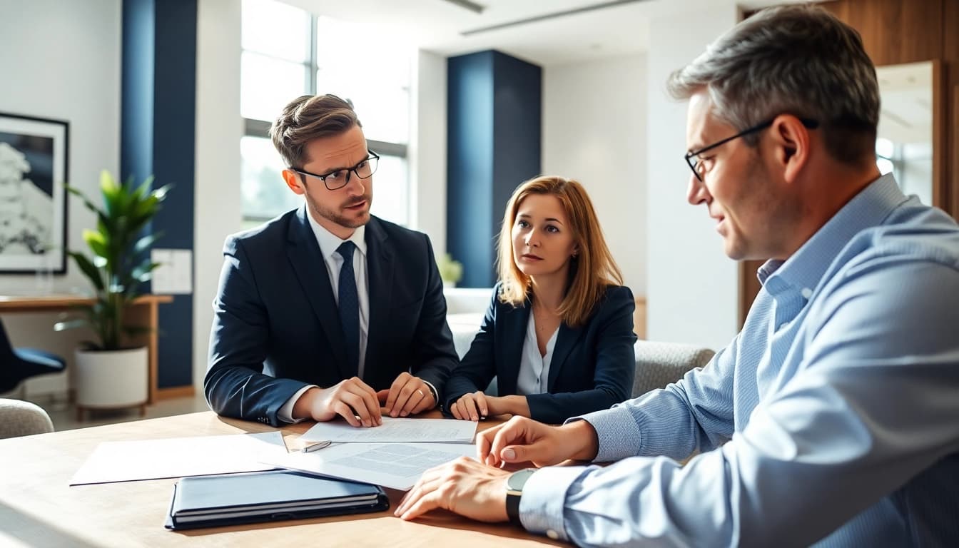 Consulting Boca Raton Construction Litigation Lawyer with a client in a modern office setting.