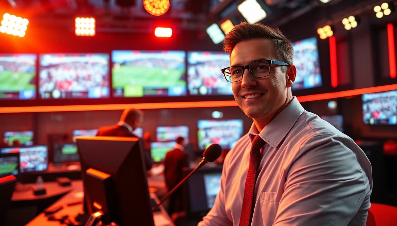 Engaging sports broadcasting studio with a dynamic announcer during a live event.