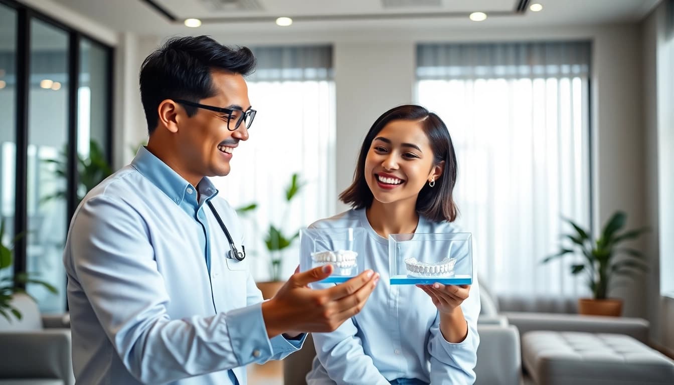 Invisalign treatment in Kuala Lumpur, showcasing a dentist consulting with a patient using a 3D model.