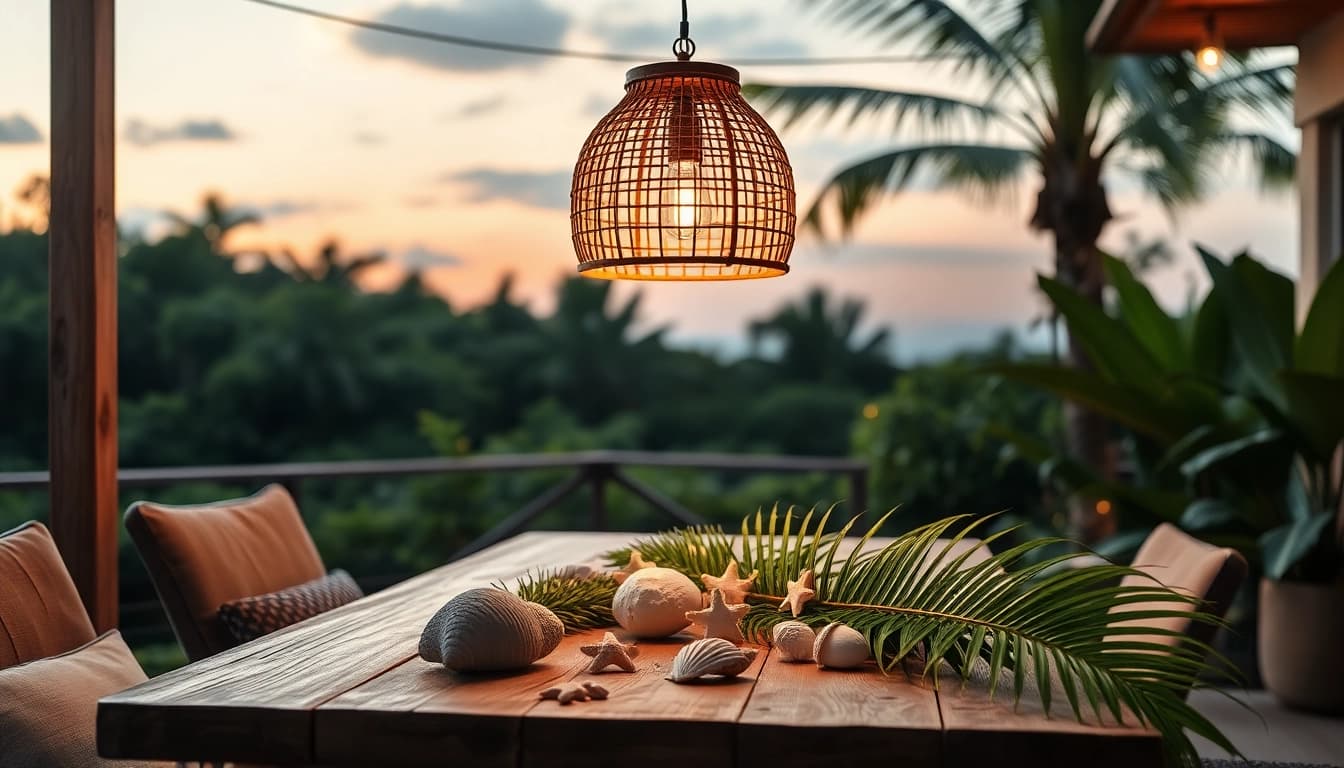 Illuminating island light pendant creates a serene atmosphere in an outdoor tropical dining setting.
