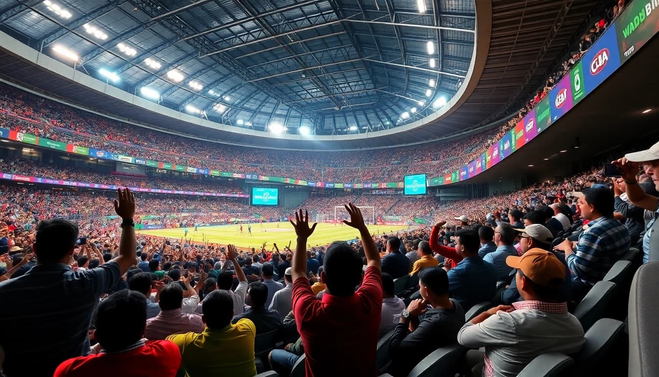 Experience the excitement of sports betting in India with cheering crowds and vibrant sports banners.