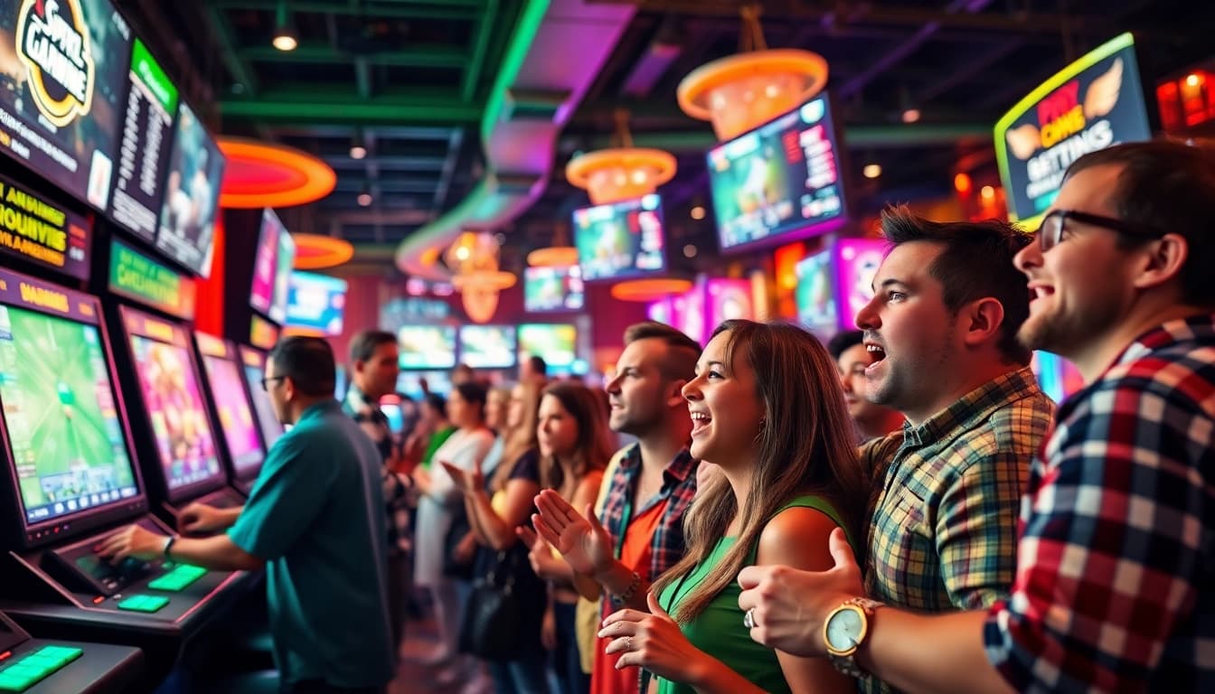 Engaged bettors experiencing sports betting in South Carolina at a lively casino.