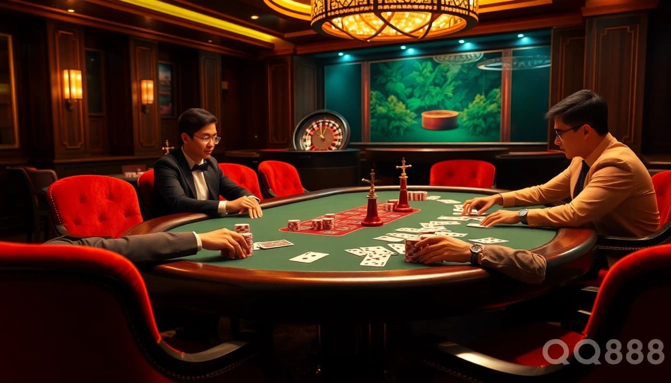 Experience thrilling gameplay at Trang Chủ QQ88 with an intense poker match and luxurious casino elements.