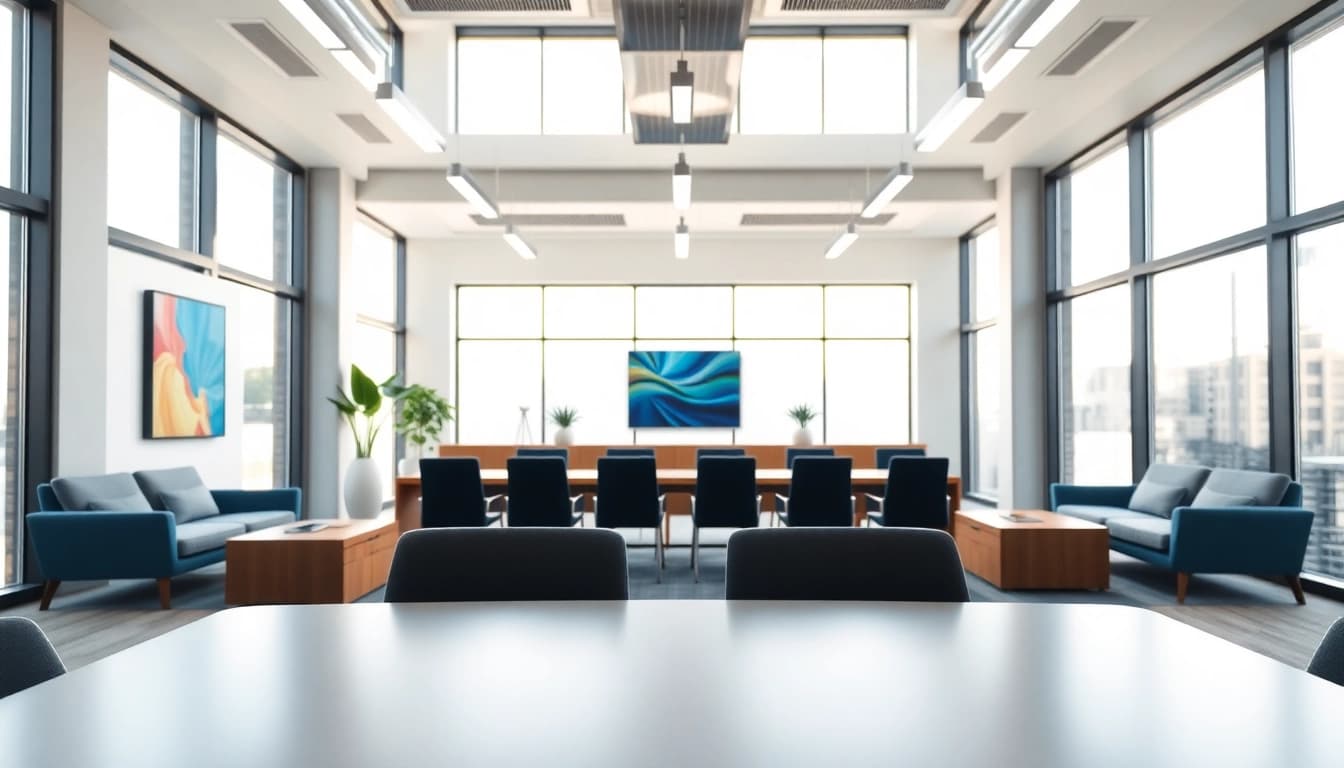 Showcasing industrial leasing office space with modern design and bright ambiance.