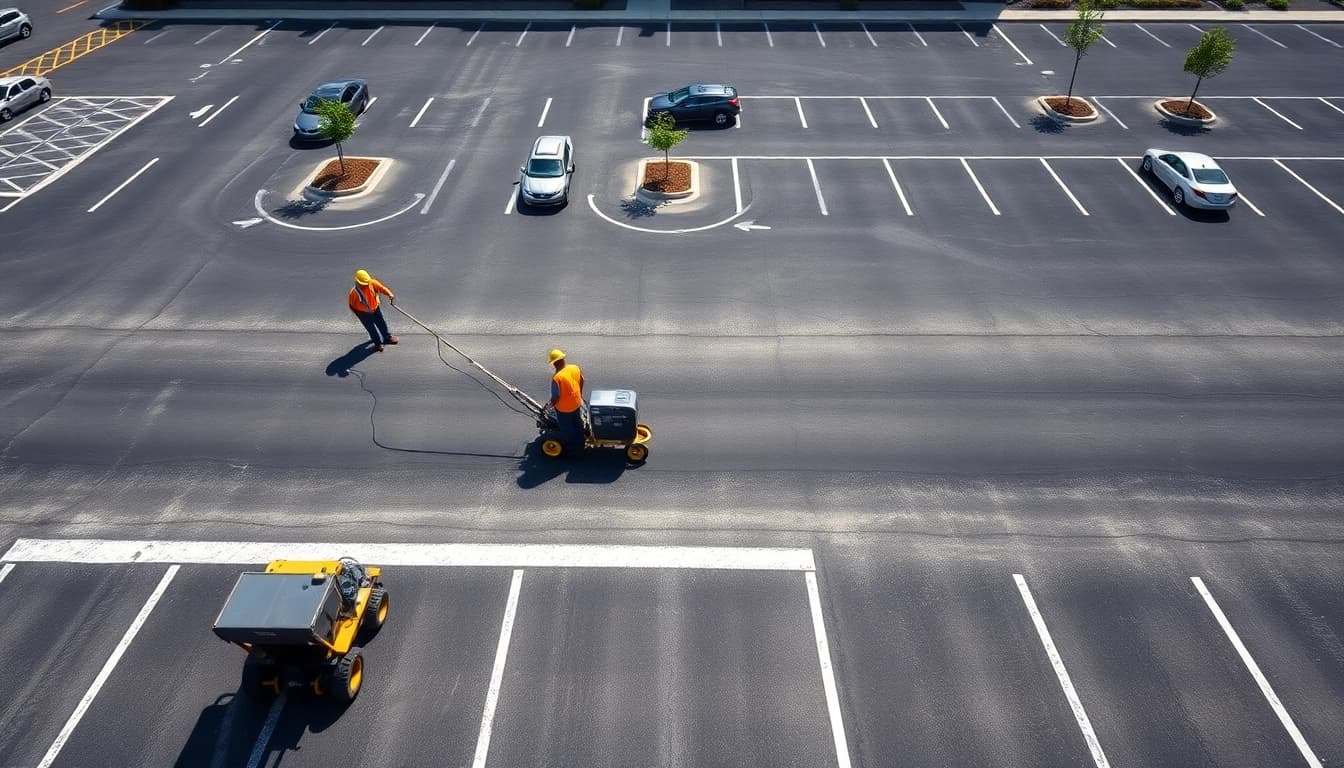 Professional parking lot striping Jackson MS with vivid lines and organized vehicles.