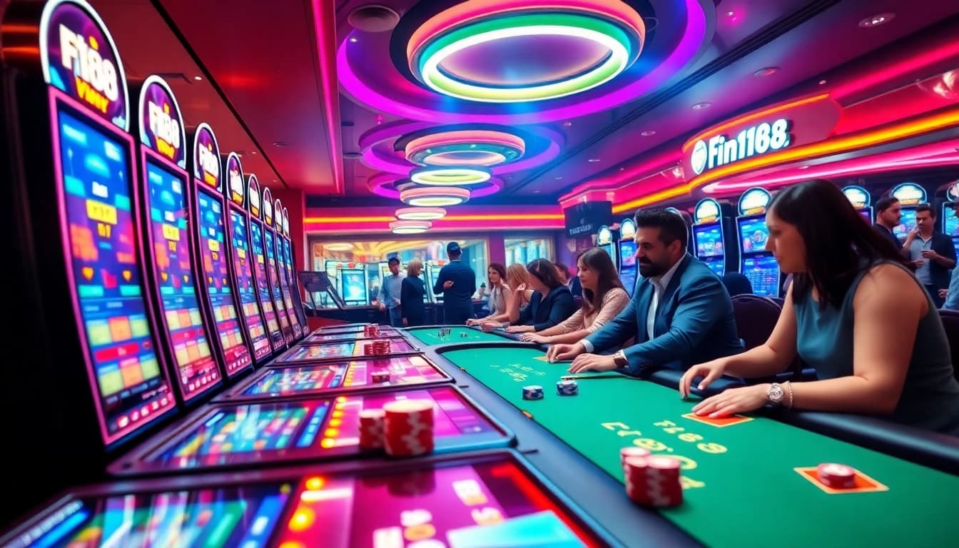 Exciting F168 casino gaming scene highlighting vibrant machines and engaging players.