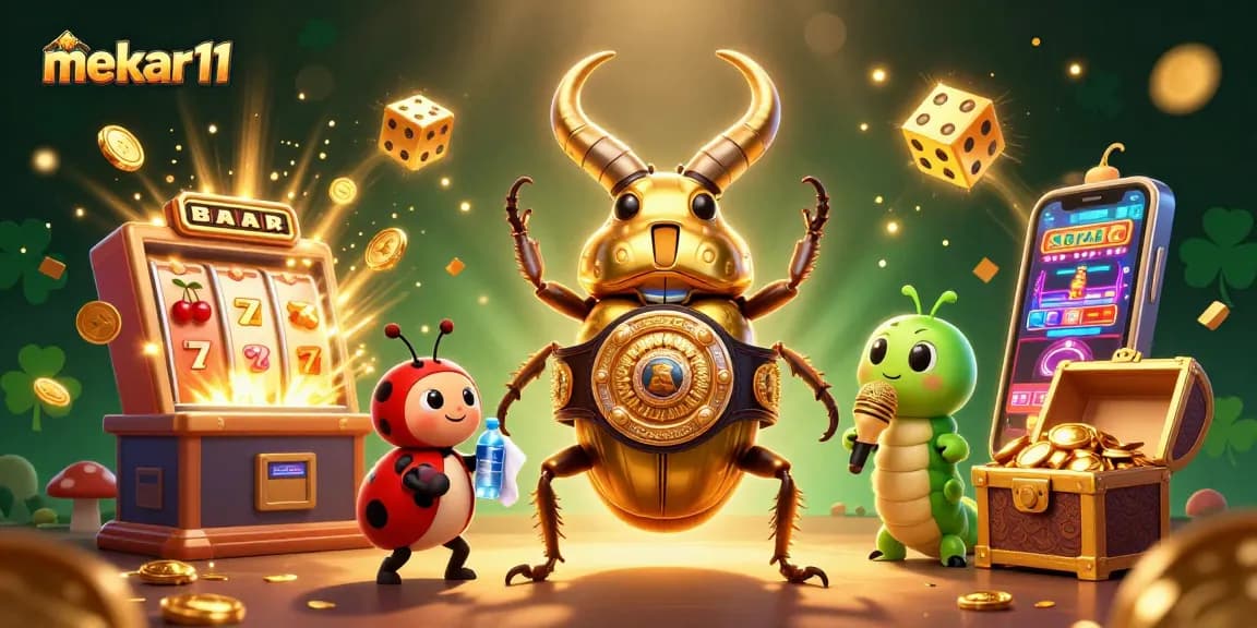 Mekar11 slot machine scene bursting with lucky symbols and characters in a vibrant casino setting.