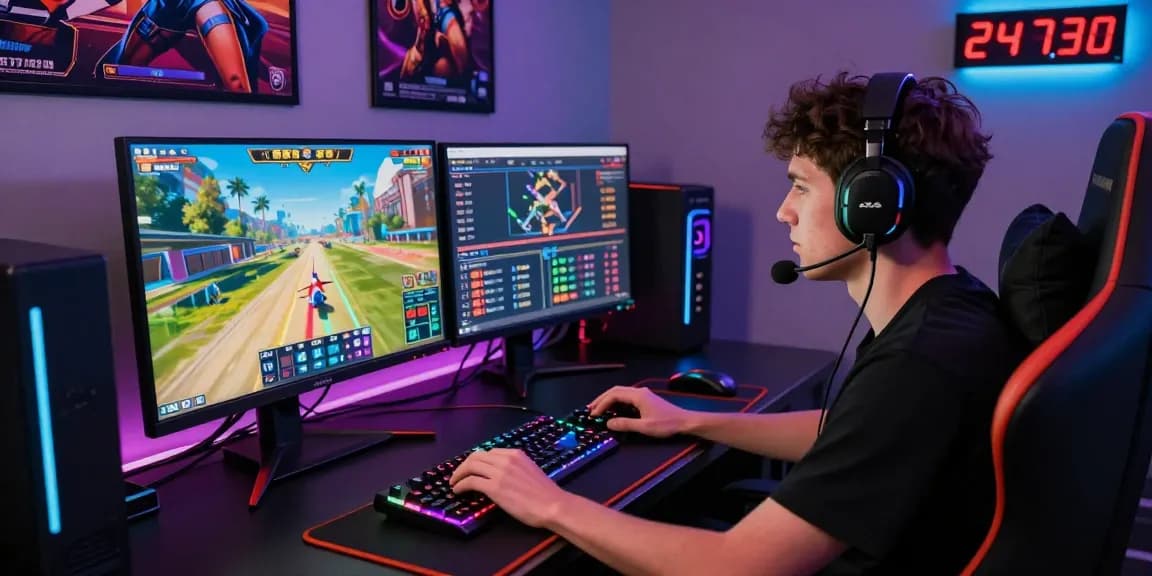 Aviator 1xbet player engaged in a thrilling crash game, focused on exciting gameplay with high-tech peripherals and vibrant LED ambiance.