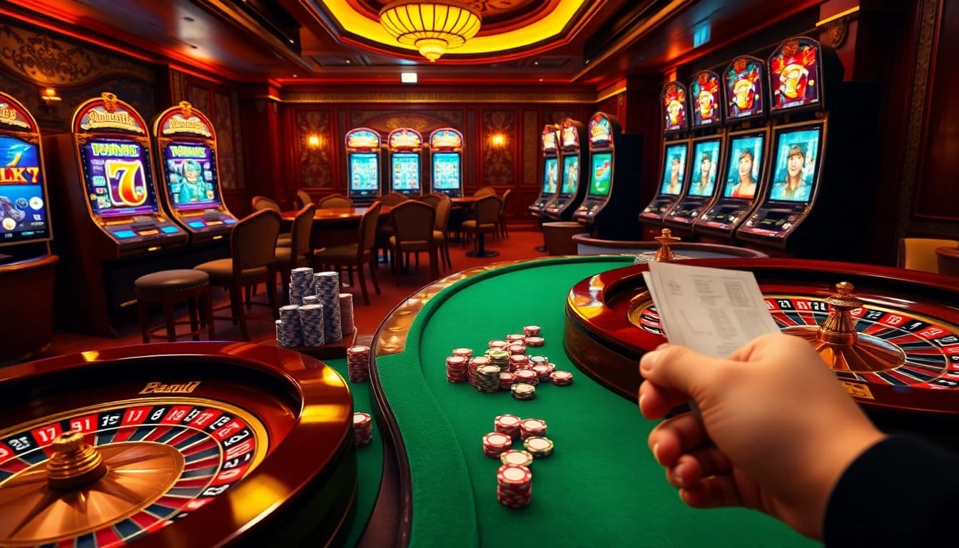 Vue excitante d'un casino en ligne avec des machines à sous vibrantes et des tables de poker luxueuses.