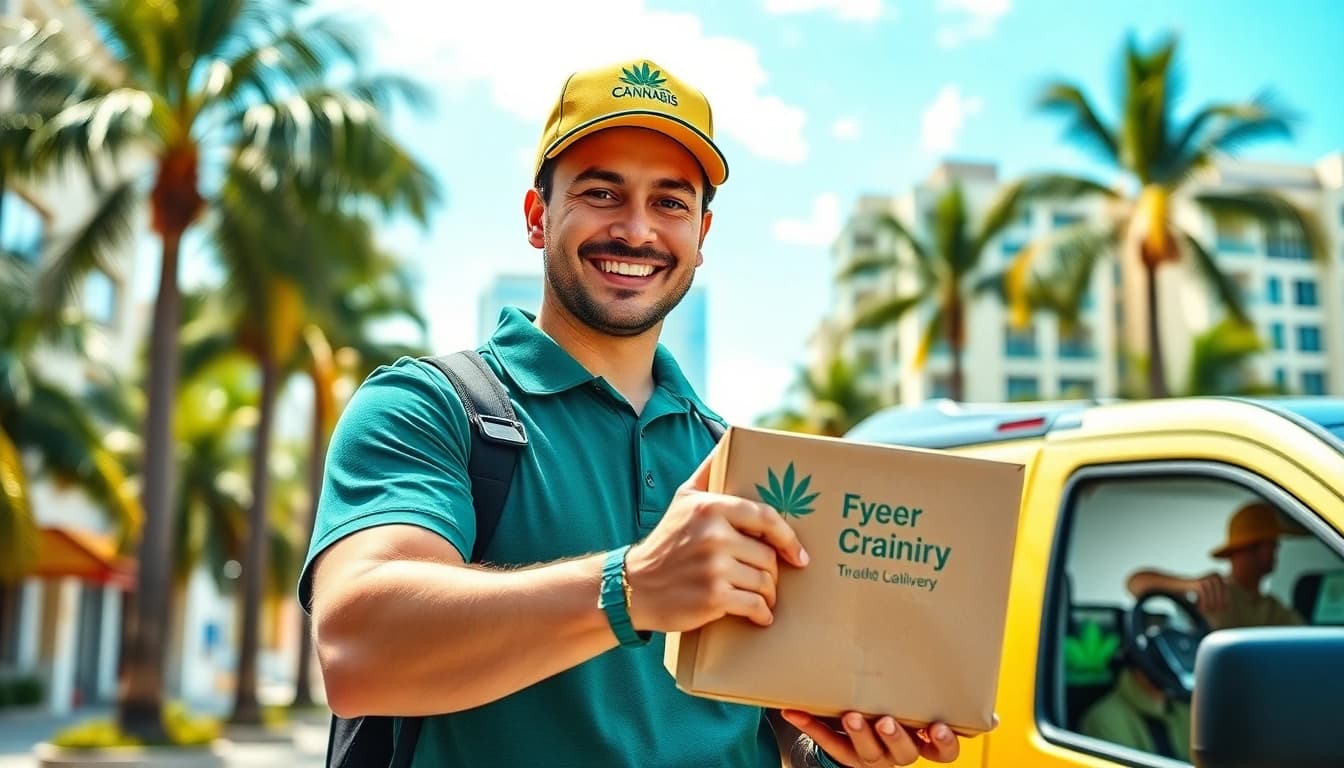 Fort Lauderdale weed delivery showcasing a friendly driver with a secure package in a vibrant city setting.