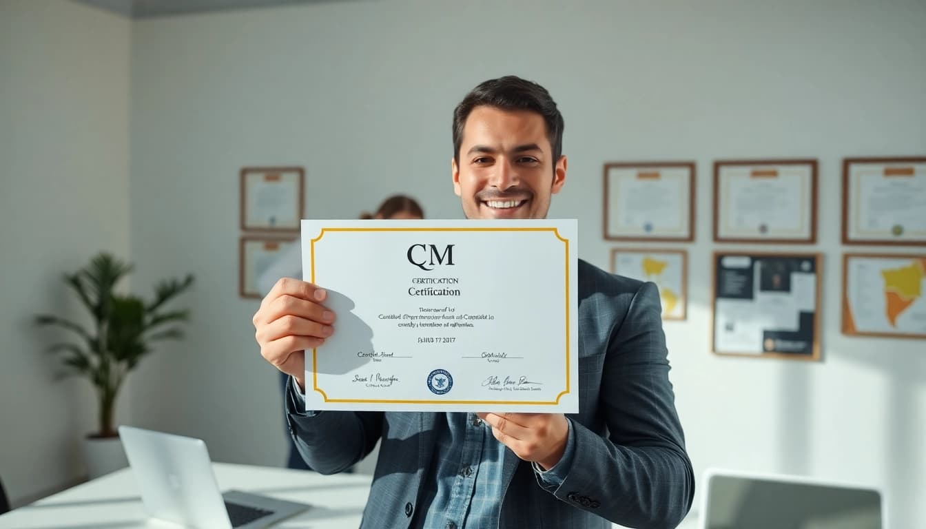 Celebrating cqm certification achievement in a professional office environment.