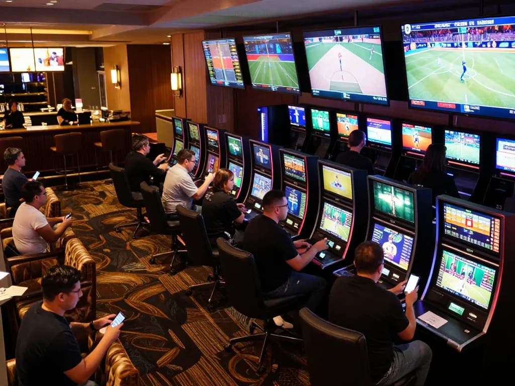 Engaged bettors using their devices at a fb88 sportsbook, showcasing excitement and competitive atmosphere.